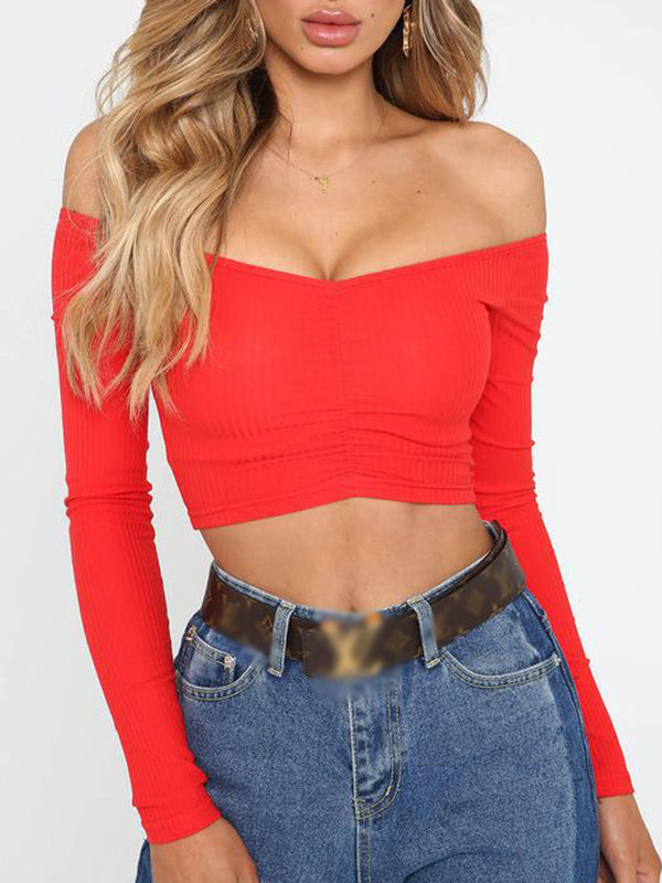 Solid Color Long Sleeves Skinny Off-The-Shoulder T-Shirts Tops