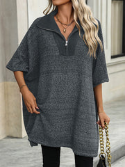 Split-Joint Zipper Loose Three-Quarter Sleeves V-Neck Sweater Tops
