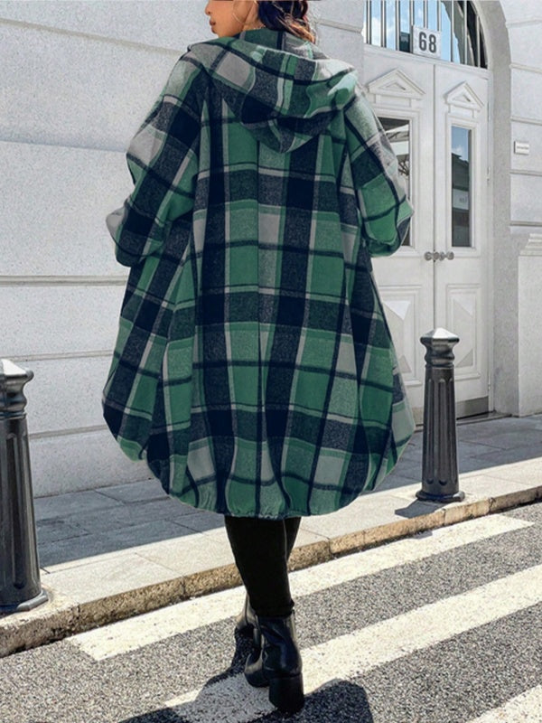 Plaid Zipper High-low Long Sleeves Hooded Outerwear