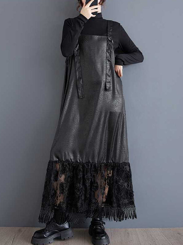 Jacquard Solid Color Split-Joint A-Line Loose Spaghetti-Neck Suspender Dress