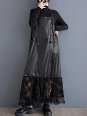 Jacquard Solid Color Split-Joint A-Line Loose Spaghetti-Neck Suspender Dress