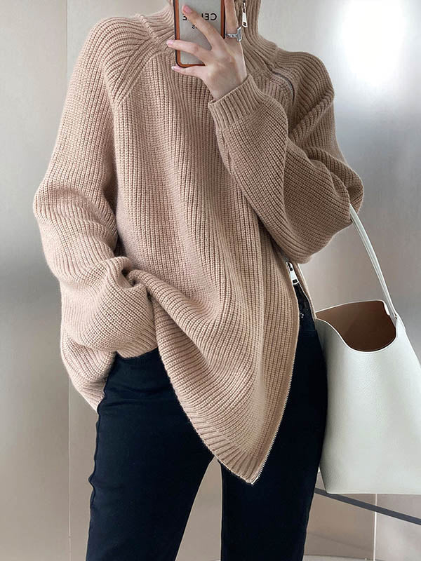 Split-Joint Split-Side Zipper Long Sleeves Loose High Neck Sweater Tops