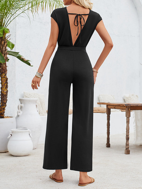 Backless Hollow Knot Solid Color Tied High Waisted Sleeveless Round-Neck Jumpsuits