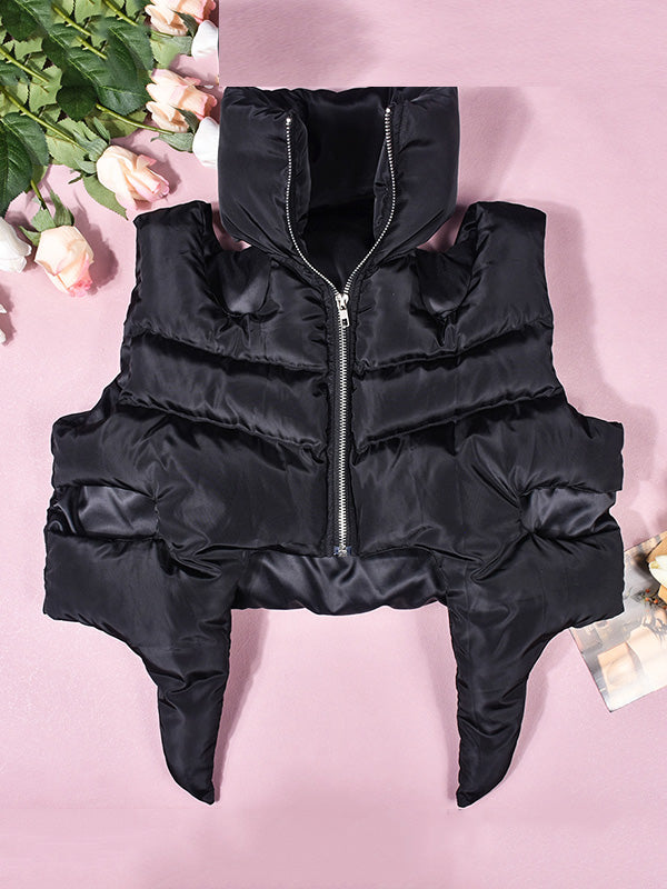 Hollow Solid Color Zipper Loose Sleeveless Stand Collar Padded Vest