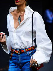 Long Sleeves Loose Buttoned Solid Color Lapel Collar Blouses&Shirts Tops