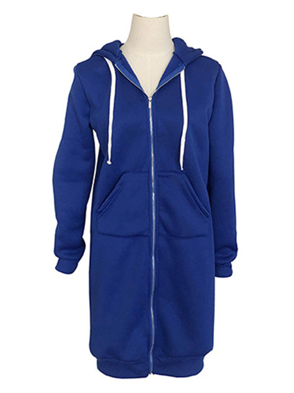 4Colors Drawstring Hooded Split-Joint Pocket Solid Color Zipper Outerwear