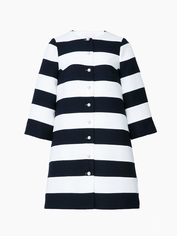 Loose Three-Quarter Sleeves Buttoned Striped Round-Neck Outerwear