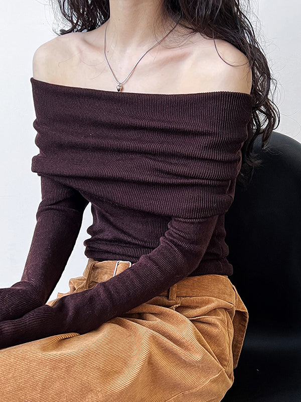 Solid Color Long Sleeves Skinny Off-The-Shoulder Sweater Tops Pullovers