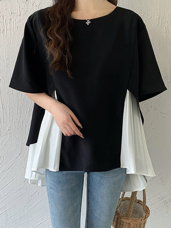 Split-Joint Half Sleeves Irregularity Round-Neck T-Shirts Tops