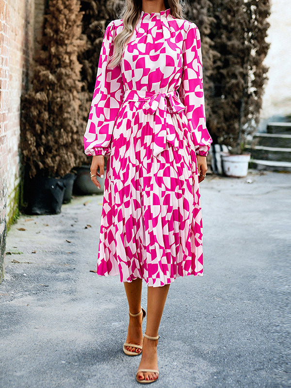 Pleated Printed Tied Waist Long Sleeves Loose Mock Neck Midi Dresses