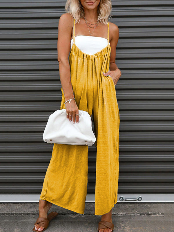 Solid Color Sleeveless Wide Leg Spaghetti-Neck Overalls