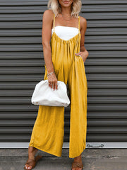 Solid Color Sleeveless Wide Leg Spaghetti-Neck Overalls