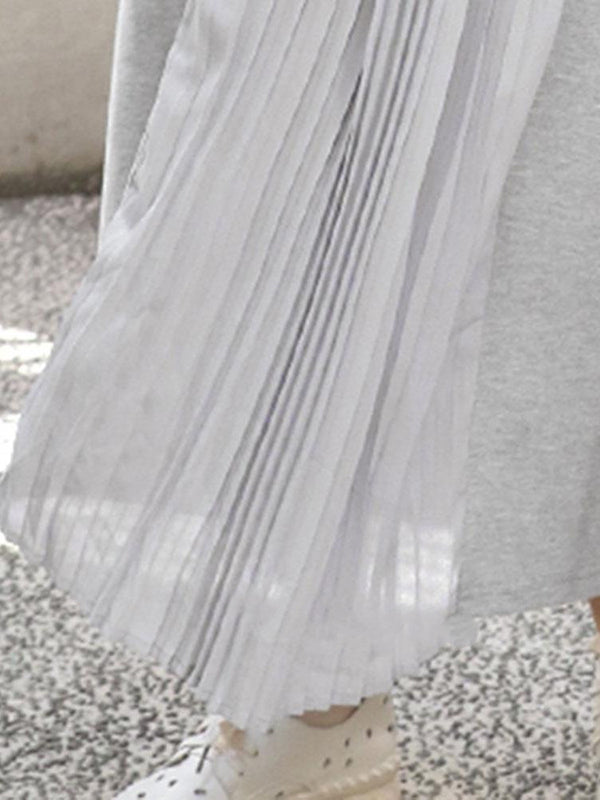 Pleated Solid Color Split-Joint Loose Short Sleeves Round-Neck Midi Dresses