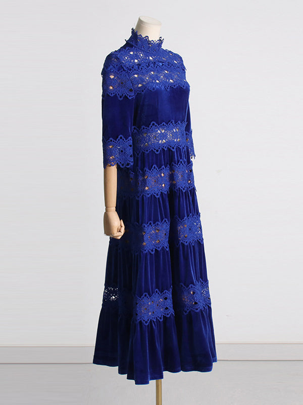 Embroidered Hollow Solid Color Split-Joint Half Sleeves High Waisted High Neck Maxi Dresses