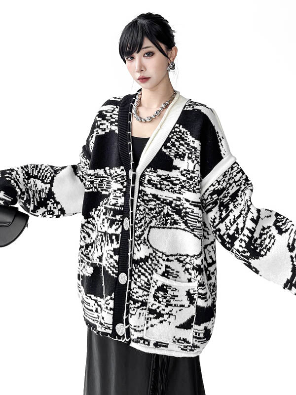 Abstract Printed Buttoned Contrast Color Pockets Split-Joint Long Sleeves Loose Collarless Outerwear Cardigan Tops