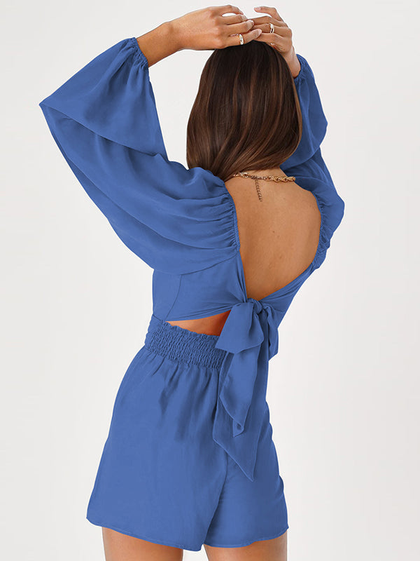 Backless Elasticity Solid Color Tied High Waisted Long Sleeves Square-Neck Rompers
