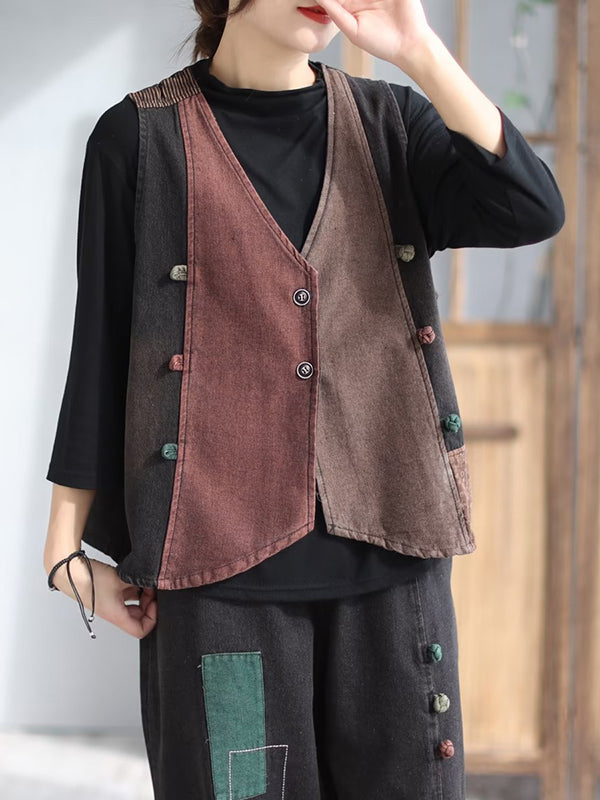 Loose Split-Joint V-Neck Vest Top + Jean Harem Pants Bottoms  Two Pieces Set