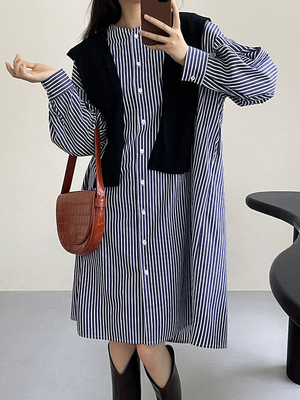 Striped Long Sleeves Loose Round-Neck Shirt Dress Midi Dresses