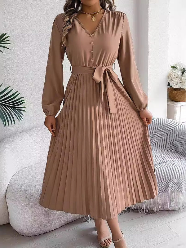 Belted Buttoned Pleated Solid Color High Waisted Long Sleeves V-Neck Maxi Dresses
