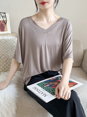 Solid Color Split-Joint Loose Short Sleeves V-neck T-Shirts Tops