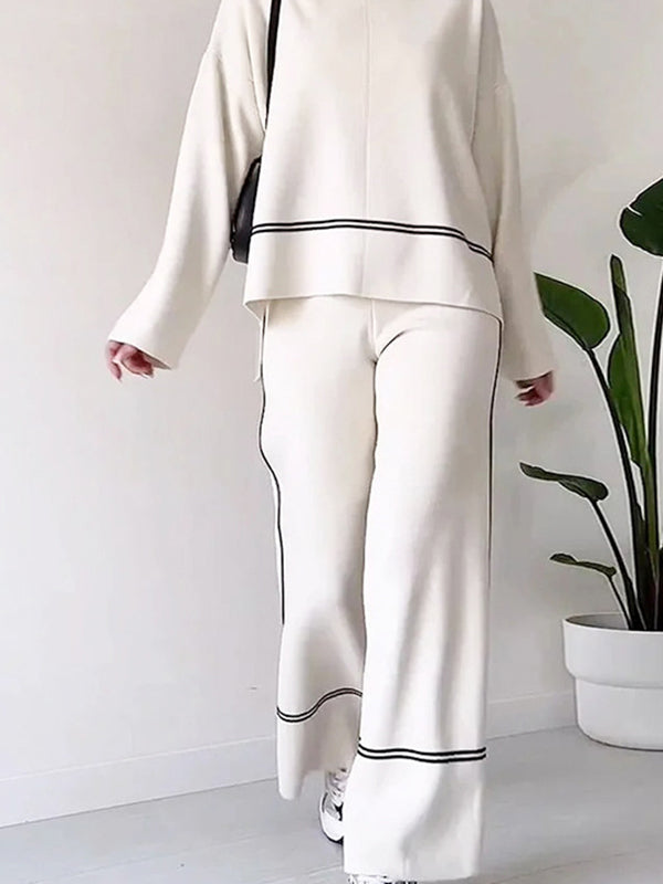 Contrast Color Split-Side High-Low Round-Neck Sweater Top + High Waisted Pants Bottom Two Pieces Set