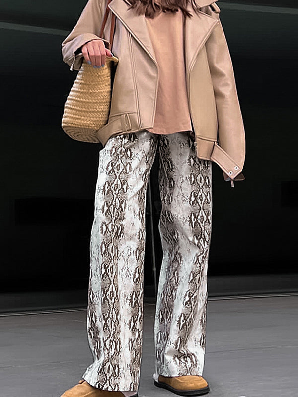 Elasticity Pockets Snakeskin Printed High Waisted Loose Trousers Pants