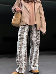 Elasticity Pockets Snakeskin Printed High Waisted Loose Trousers Pants