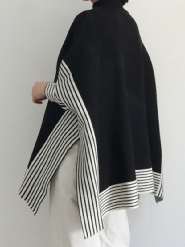 Split-Joint Split-Side Striped Batwing Sleeves Loose High Neck Sweater