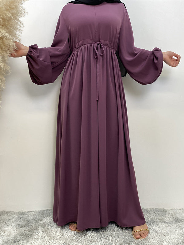 Drawstring Elasticity Muslim Pleated Solid Color Zipper Long Sleeves Loose Round-Neck Maxi Dresses