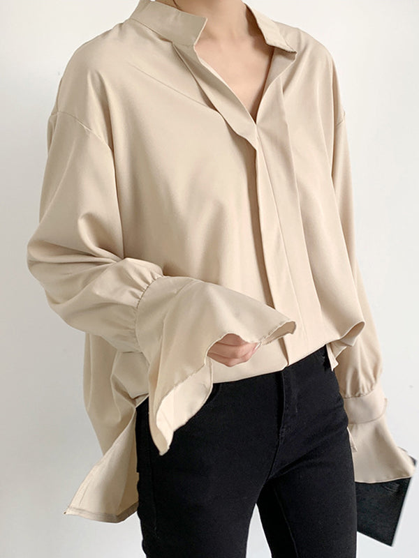 Solid Color Flared Sleeves High-low V-neck Blouses&shirts Tops