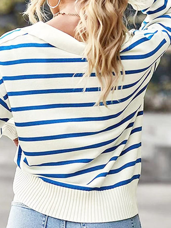 Split-Joint Striped Long Sleeves Loose Lapel Sweater Tops