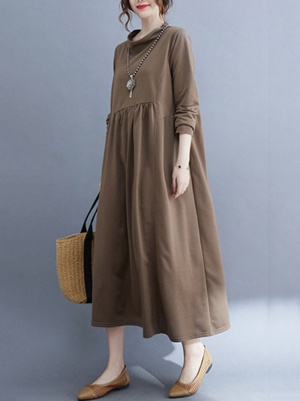 Casual Loose Long Sleeves Solid Color Stand Collar Midi Dresses