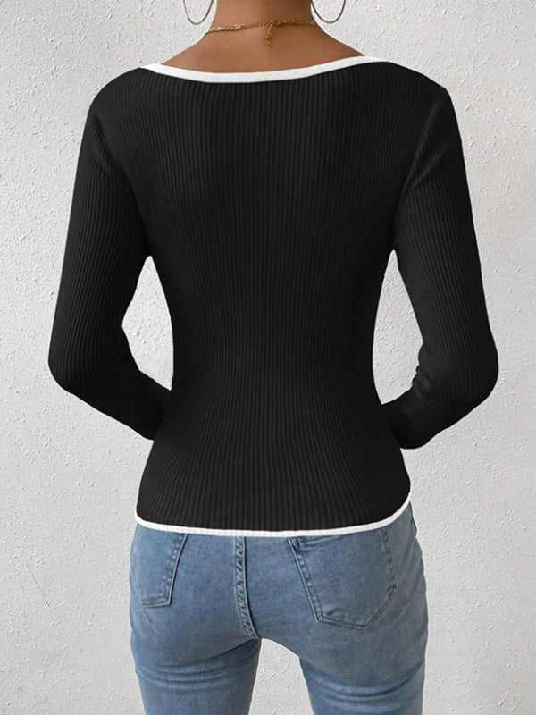 Contrast Color Pleated Split-Joint Long Sleeves Skinny V-Neck T-Shirts