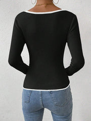 Contrast Color Pleated Split-Joint Long Sleeves Skinny V-Neck T-Shirts