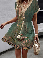 Elasticity Flower Print Hollow Split-Joint Tasseled Tied Waist A-Line Loose V-Neck Mini Dresses