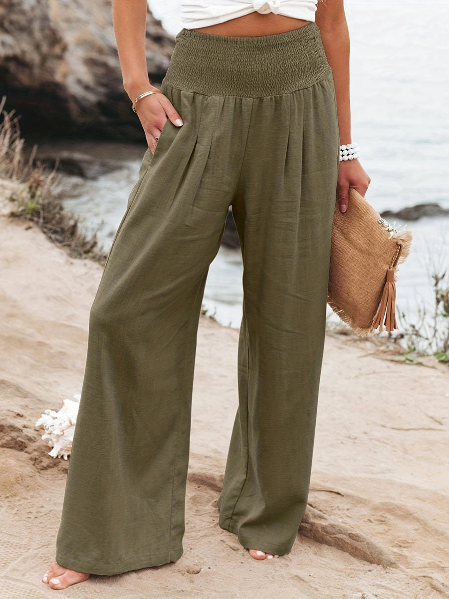 Pleated Pockets Solid Color Split-Joint Elasticated Waist High Waisted Pants