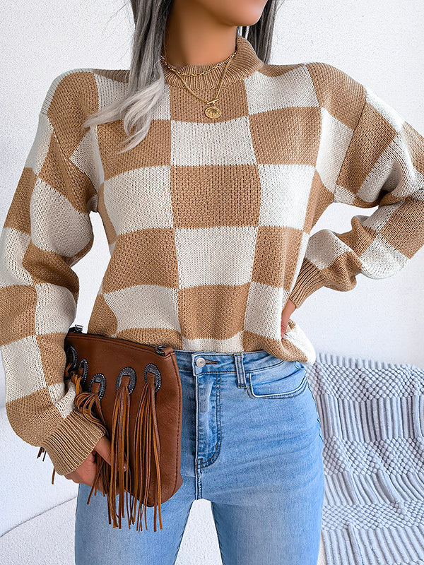 Contrast Color Plaid Long Sleeves Loose Round-Neck Sweater Tops