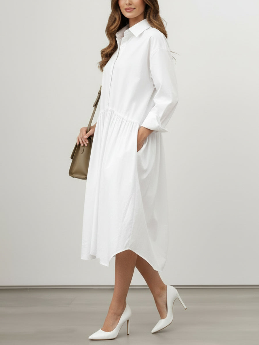 Buttoned Pleated Solid Color Split-Joint Long Sleeves Loose Lapel Midi Dresses