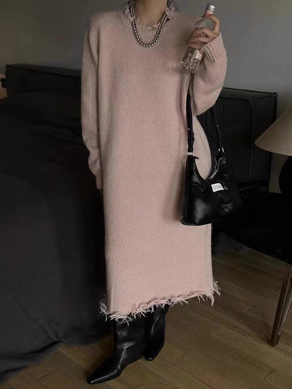 Fringed Solid Color High Waisted Long Sleeves Round-Neck Sweater Dresses Midi Dresses