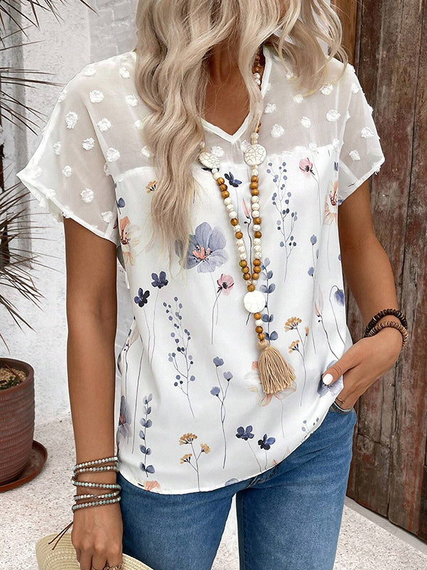 Flower Print Jacquard Split-Joint Loose Short Sleeves V-Neck T-Shirts Tops