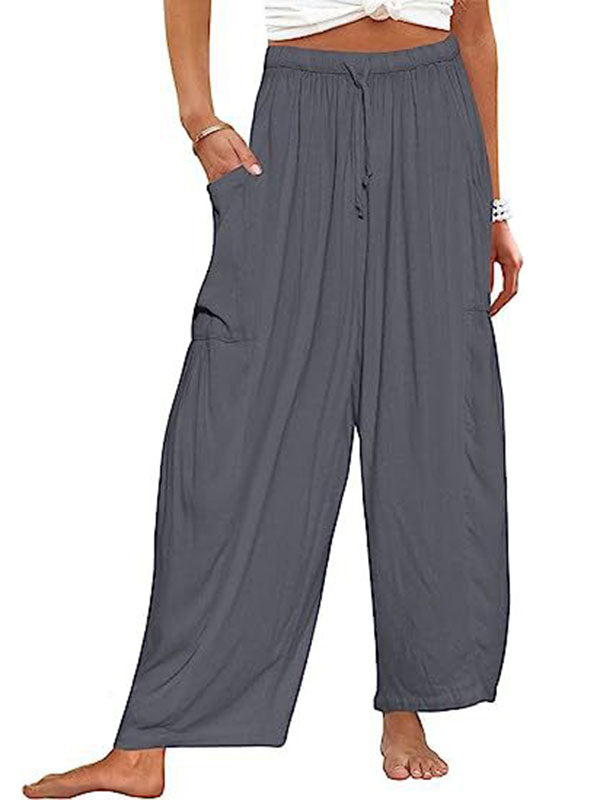 Drawstring Elasticity Pleated Pockets Solid Color High Waisted Loose Trousers Ninth Pants