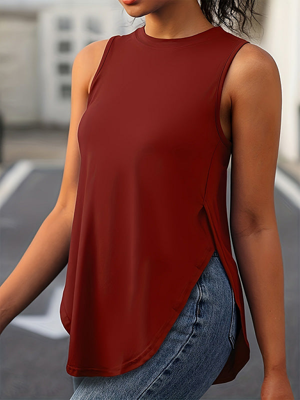Solid Color Split-Side Loose Sleeveless Round-Neck Vest Top Cover-Ups Tops