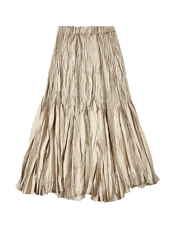 Elasticity Pleated Solid Color A-line High Waisted Skirts Bottoms