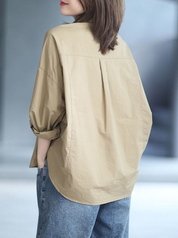 Solid Color High-low Long Sleeves Lapel Blouses&shirts Tops