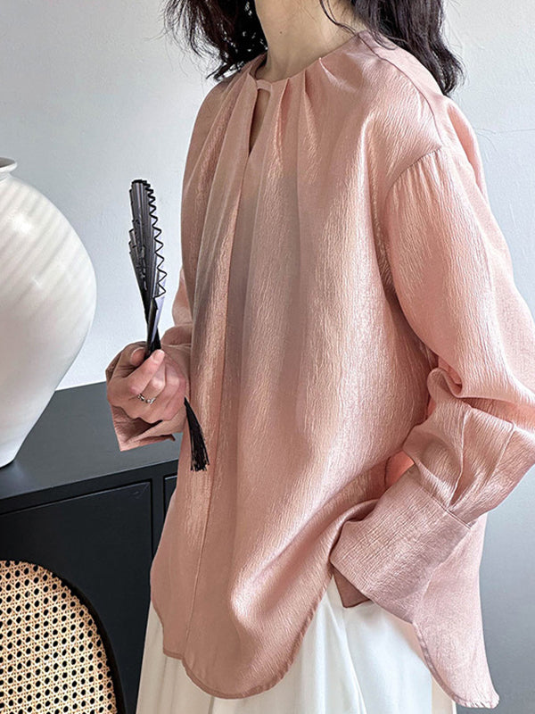 Hollow Shiny Solid Color Long Sleeves Loose Round-Neck Blouses&Shirts Tops
