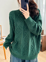 Simple Loose Long Sleeves Jacquard Solid Color Round-Neck Sweater Tops
