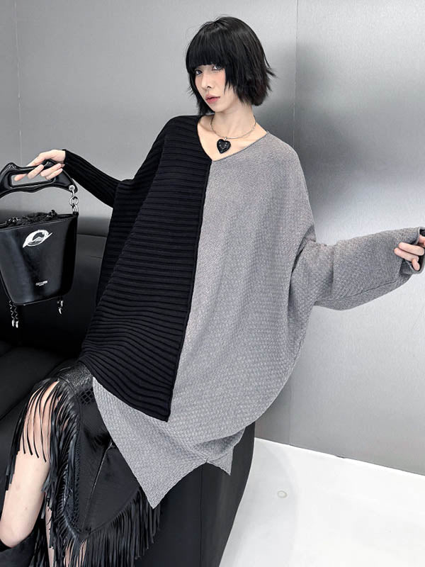Asymmetric Contrast Color Split-Joint Textured Batwing Sleeves Irregularity V-Neck Sweater Tops