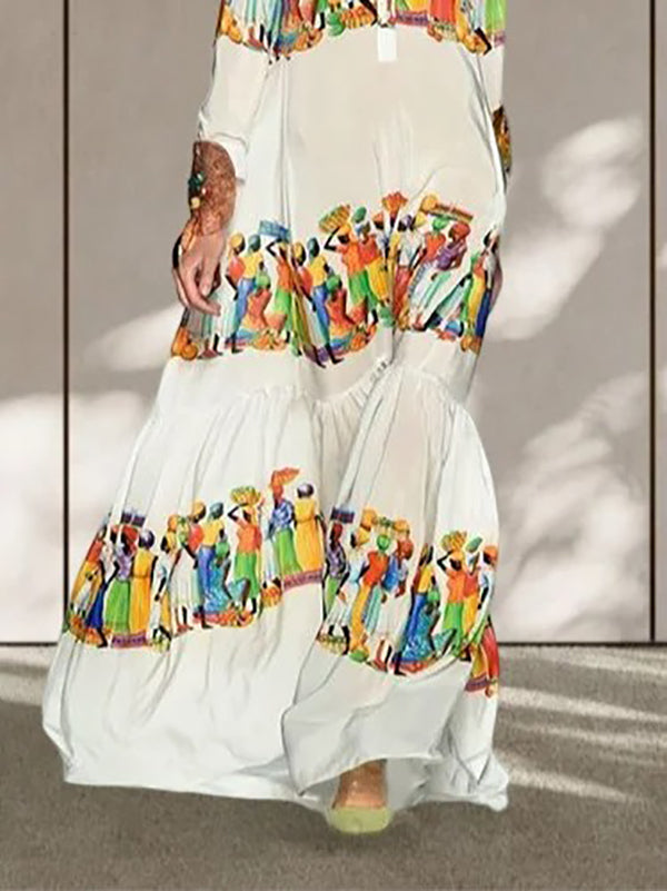 Long Sleeves Loose Printed Lapel Maxi Dresses