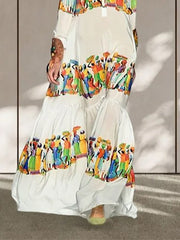 Long Sleeves Loose Printed Lapel Maxi Dresses