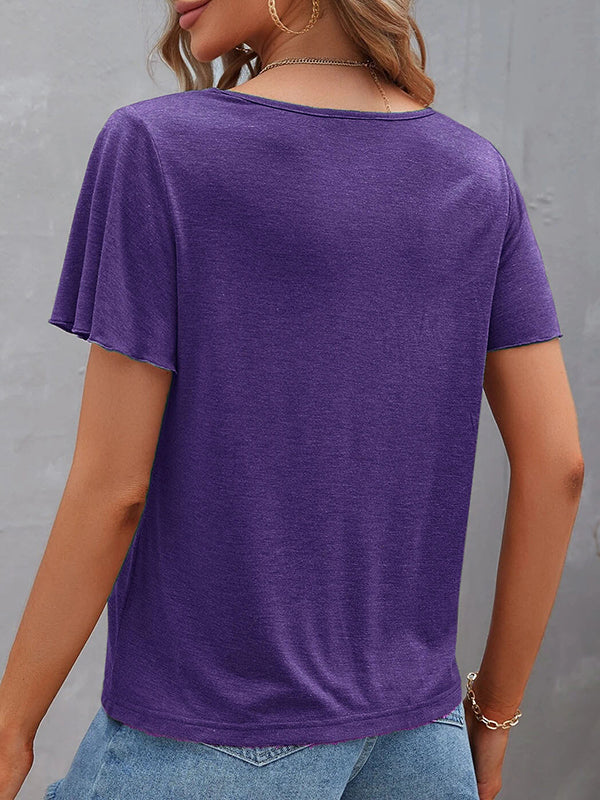 Hollow Solid Color Split-Joint Loose Plus Size V-Neck T-Shirts Tops